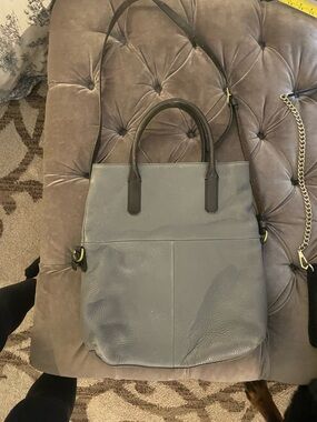 J. Crew Gray Leather Tote with Dark Brown Trim
